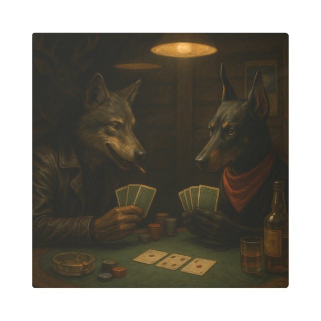 Impresión En Metal Poker Night | Wolf and Doberman Noir Art (Anverso)