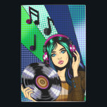 Impresión En Metal Pop Art Chica con registro<br><div class="desc">Chica de arte pop sujetando un álbum de vinilo con notas musicales a su alrededor. Arte dibujado a mano azul,  verde y violeta.</div>