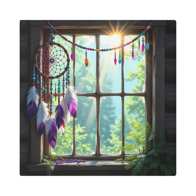 Impresión En Metal Pretty Boho Purple Dreamcatcher in Window   (Anverso)