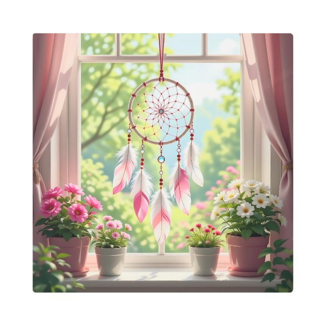 Impresión En Metal Pretty Pink Dreamcatcher and Plants Window Sill (Anverso)