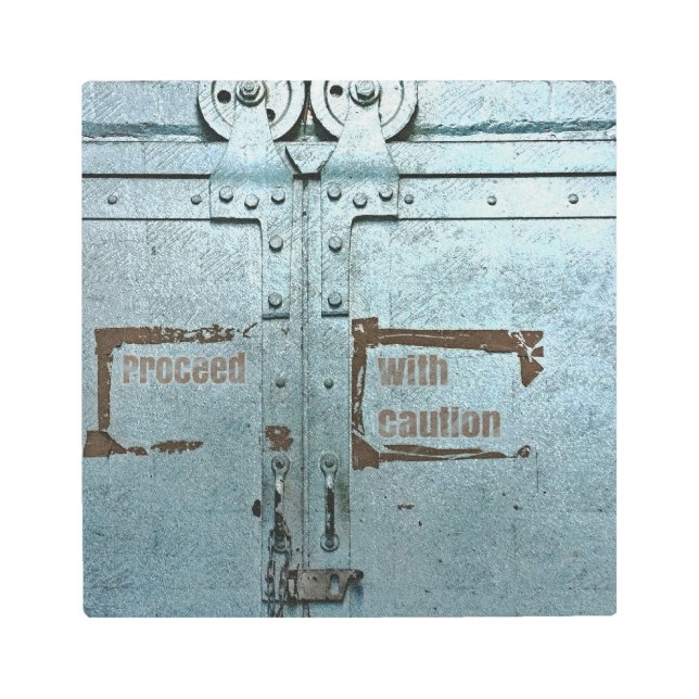 Impresión En Metal Proceder con cautela puerta industrial gris azul (Anverso)