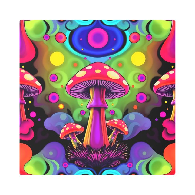 Impresión En Metal Psychedelic Vibrant Colorful Retro Mushrooms (Anverso)