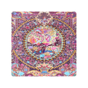 Impresión En Metal Púrpura Oro Azul Azul Flores Florales Persas Peaco