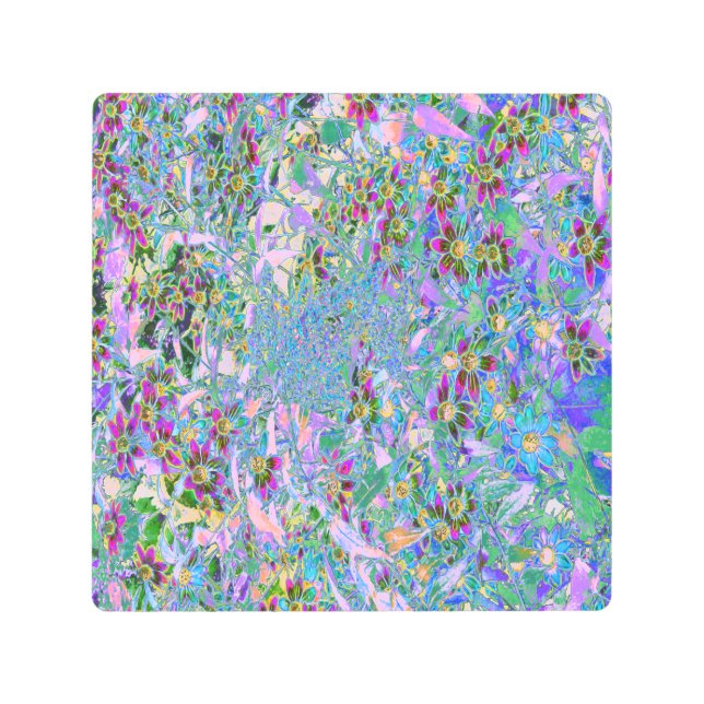 Impresión En Metal Púrpura Retro, Flores salvajes verdes y azules en  (Anverso)