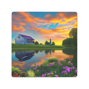 Impresión En Metal Púrpura tejado de granjas Estanque al amanecer