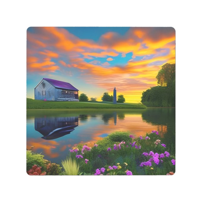 Impresión En Metal Púrpura tejado de granjas Estanque al amanecer (Anverso)