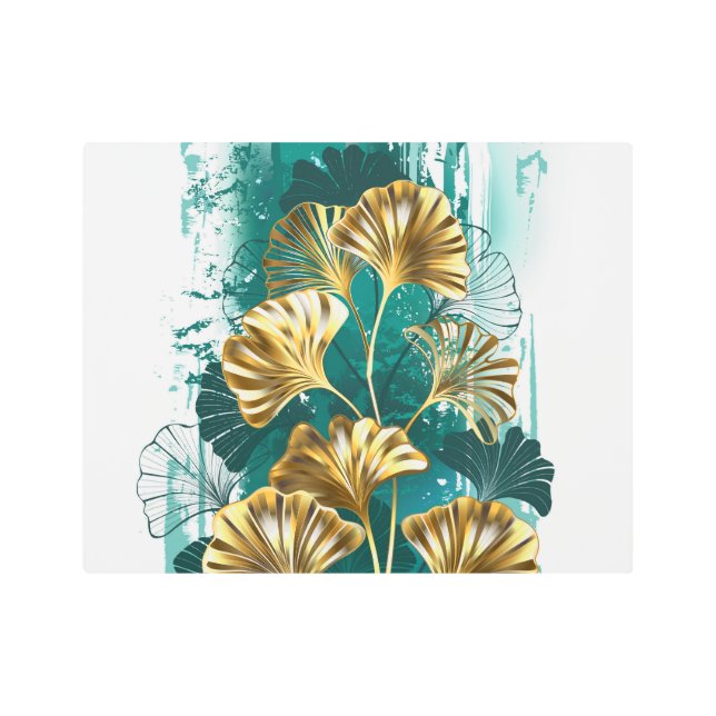 Impresión En Metal Rama con hojas doradas Ginko Biloba (Anverso)