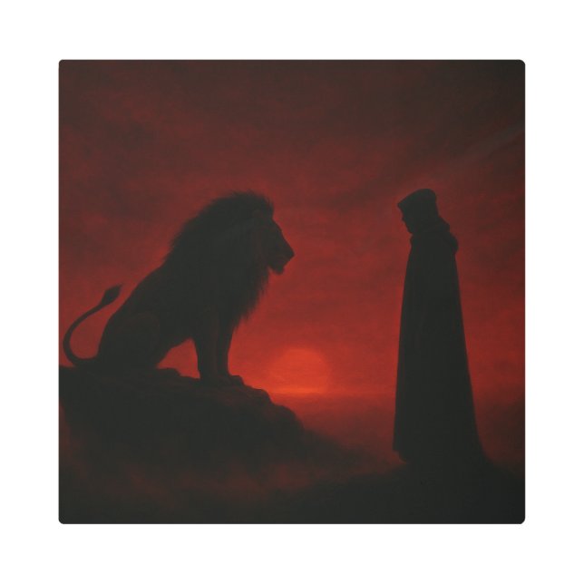 Impresión En Metal Red Sunset Lion and Wanderer – Dramatic Silhouette (Anverso)