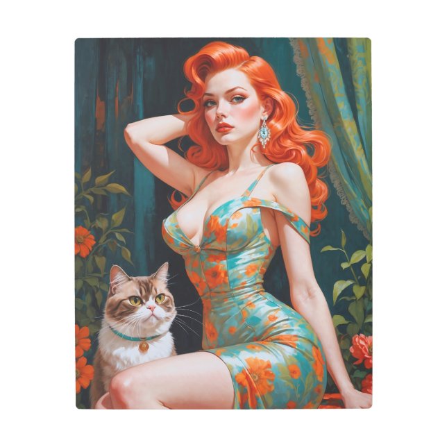 Impresión En Metal Redhead Pin-Up con Cat Floral (Anverso)