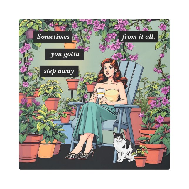 Impresión En Metal Relajarse con café, gatos y plantas (Anverso)