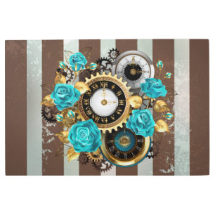 Impresión En Metal Reloj de vapor y Rosas turquesa a rayas