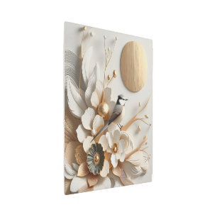 Impresión En Metal Resumen de Florals y Aves con Sol: Oro, Blanco