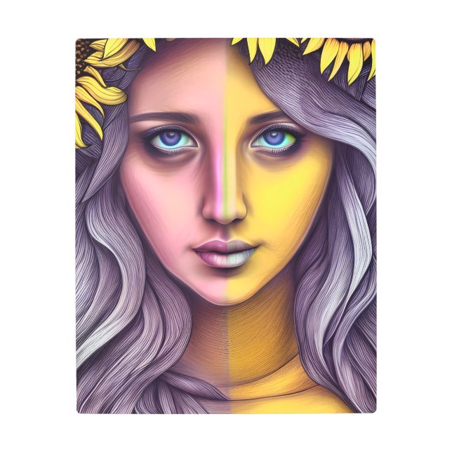 Impresión En Metal Retrato de mujer de girasol retro de dos tonos de  (Anverso)