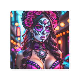 Impresión En Metal Retrato glamoroso Día de los Muertos Catrina con