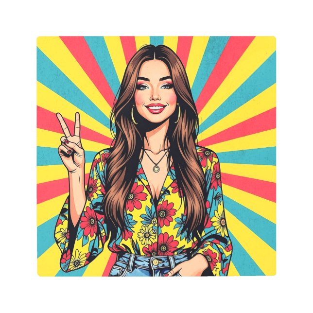 Impresión En Metal Retro Boomer Hippie Lady giving Peace Sign (Anverso)