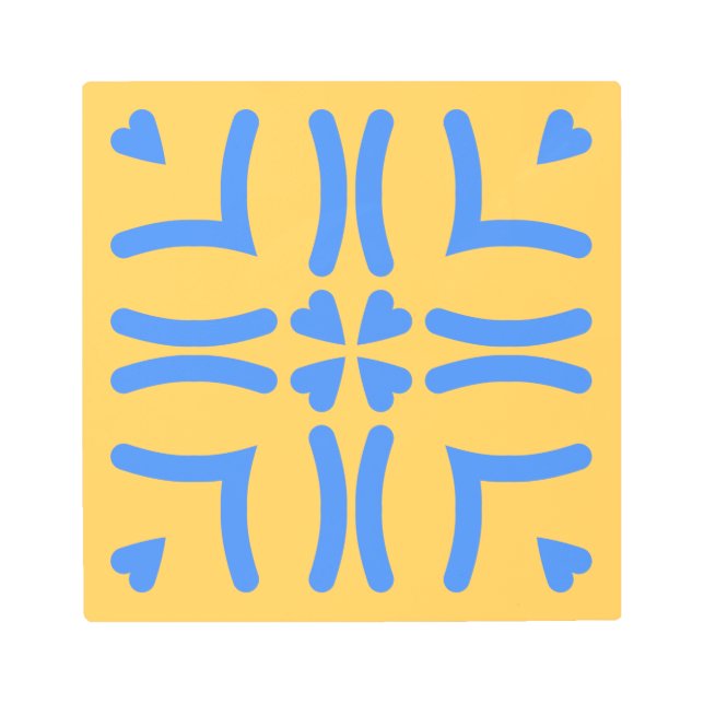 Impresión En Metal Retro Folk Art Yellow Blue Hearts Metal Print (Anverso)