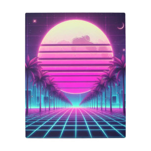 Impresión En Metal retro, luna de neón/palmas de los años 80