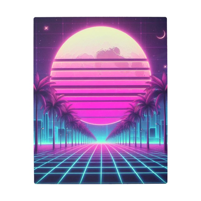 Impresión En Metal retro, luna de neón/palmas de los años 80 (Anverso)