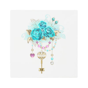 Impresión En Metal Rosas turquesas con llaves