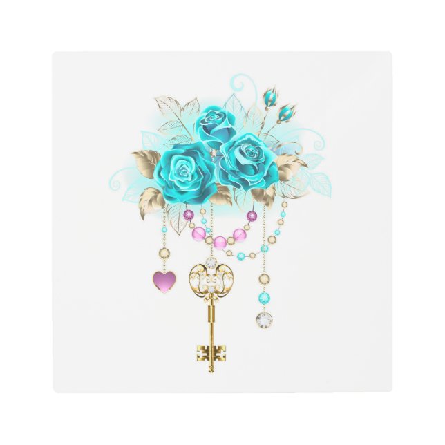 Impresión En Metal Rosas turquesas con llaves (Anverso)