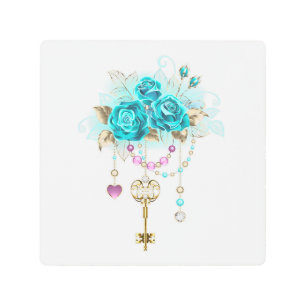 Impresión En Metal Rosas turquesas con llaves