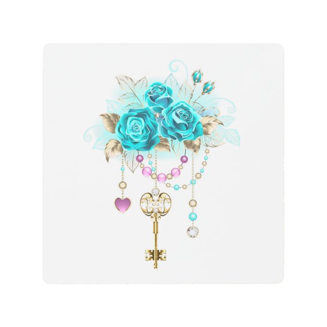 Impresión En Metal Rosas turquesas con llaves (Anverso)