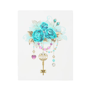 Impresión En Metal Rosas turquesas con llaves