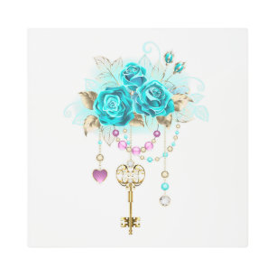 Impresión En Metal Rosas turquesas con llaves
