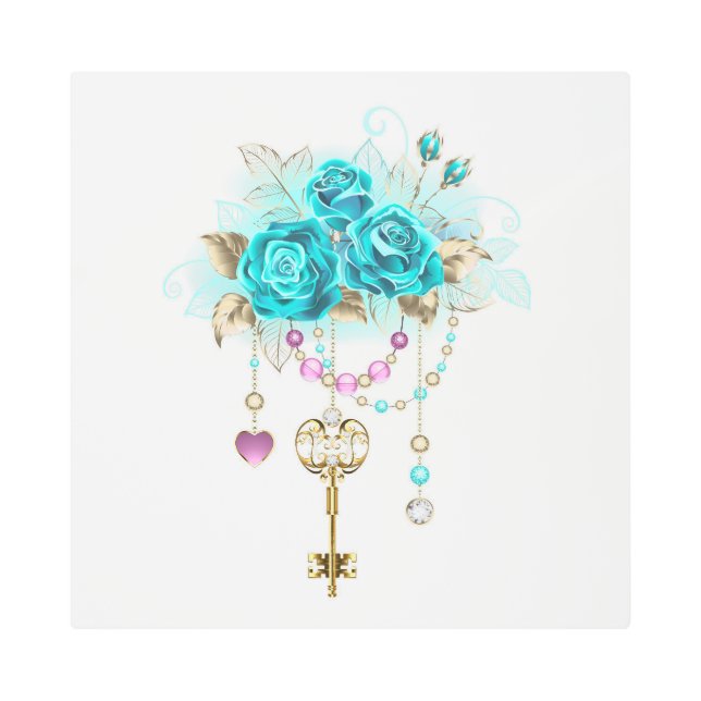 Impresión En Metal Rosas turquesas con llaves (Anverso)