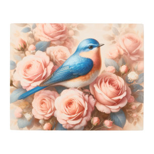 Impresión En Metal Roses rosadas de pájaro azul y Rubor