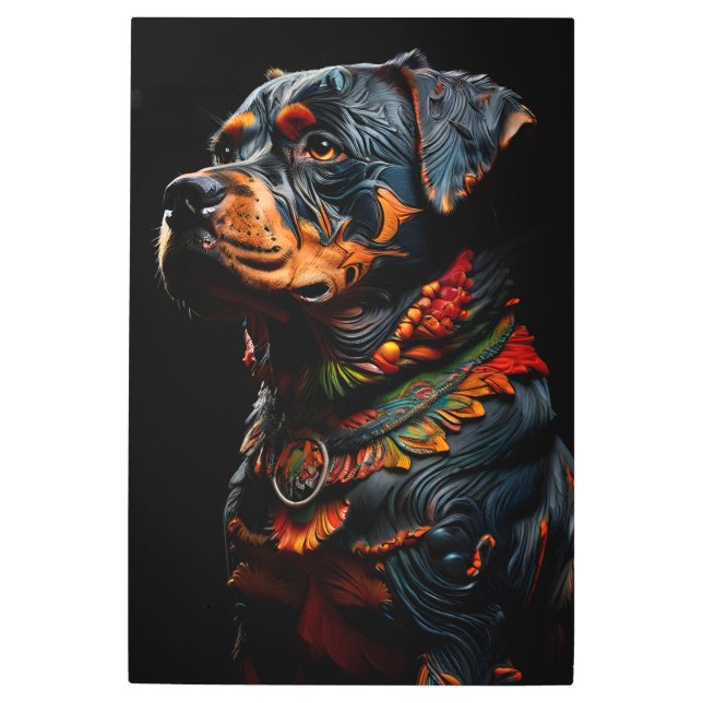 Impresión En Metal Rottweiler con atuendo ceremonial guerrero (Anverso)