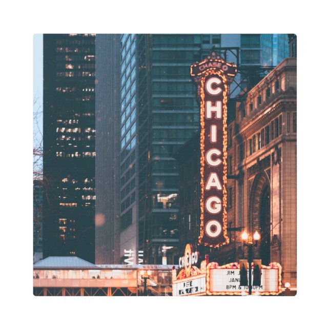 Impresión En Metal Rótulo Neon De Chicago Illinois De Noche (Anverso)