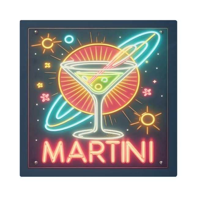 Impresión En Metal Rótulo Neon Martini de Mid Century (Anverso)