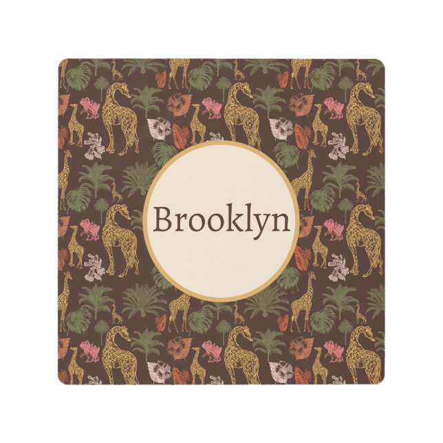 Impresión En Metal Safari Giraffe & Floral Nursera Nombre Plaque (Anverso)