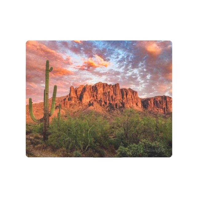 Impresión En Metal Saguaro Cactus Superstition Mountain Sunset 10x8 (Anverso)