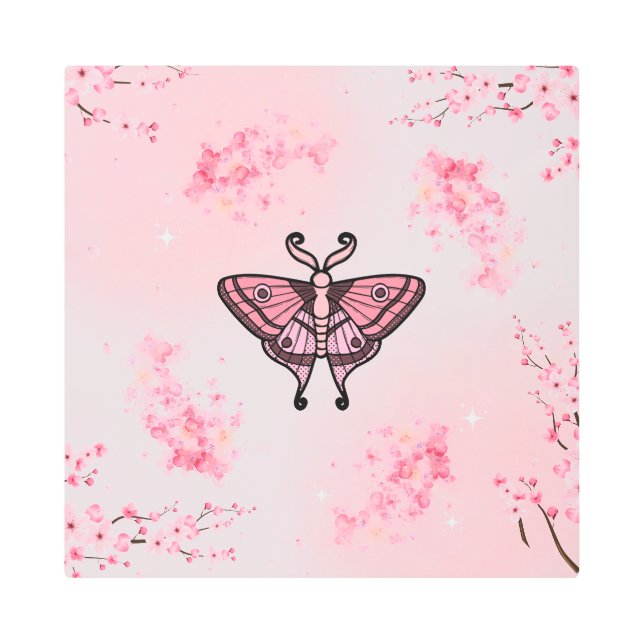 Impresión En Metal Sakura Bliss, polilla rosada, fondo sakura (Anverso)