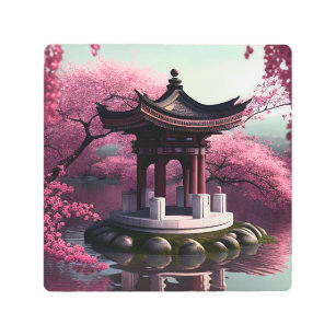 Impresión En Metal Sakura Cherry Blossom Garden Shrine Pond Japonés