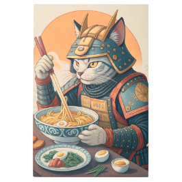 Impresión En Metal Samurai Cat: Whimsical Warrior Eating Ramen