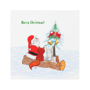 Impresión En Metal Santa Claus con Fox de Conejo y Squirrel