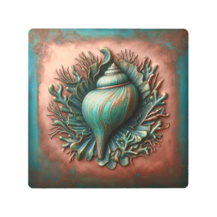 Impresión En Metal Seashell Copper y Patina Beach House