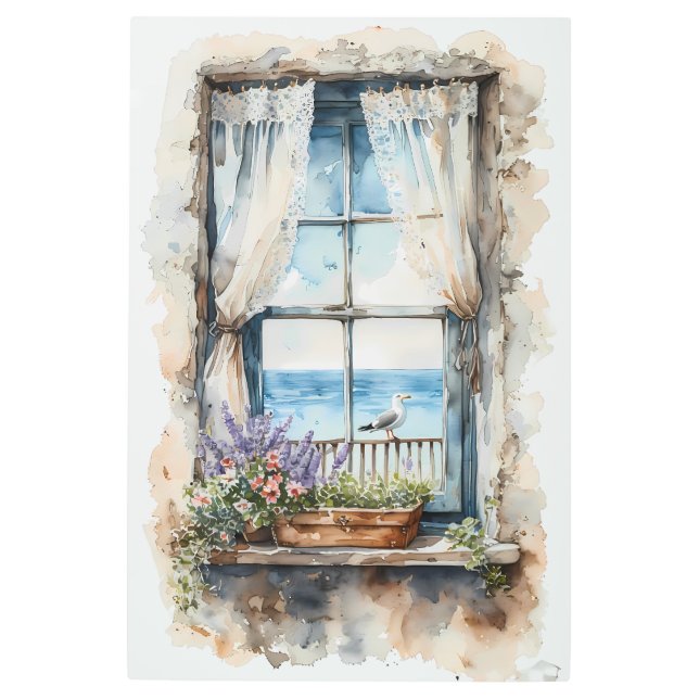 Impresión En Metal Seaside Window View Watercolor Coastal Scene (Anverso)