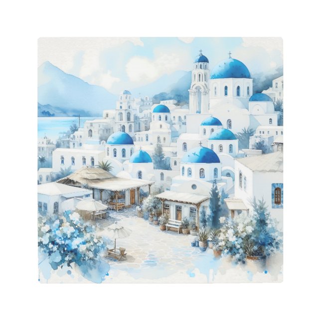 Impresión En Metal Serene Santorini: Vista acuarela de Grecian Char (Anverso)