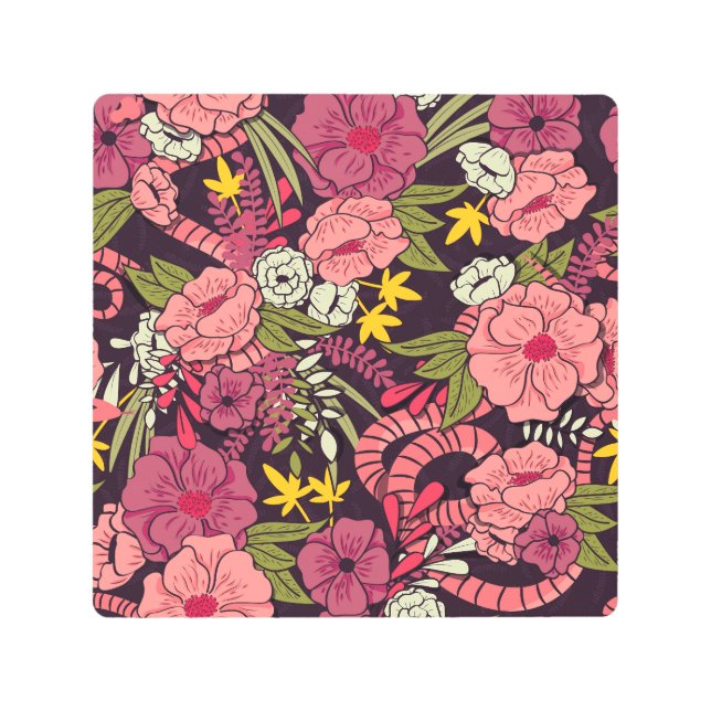 Impresión En Metal Serpientes de jungla, flores tropicales, patrón vi (Anverso)