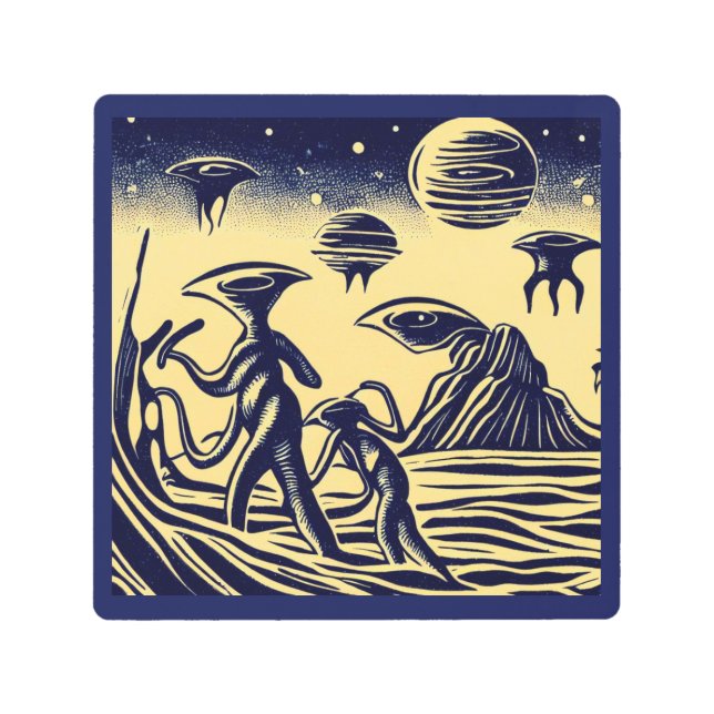Impresión En Metal SF - Extranjeros En Un Extraño Planeta Woodcut 1 (Anverso)