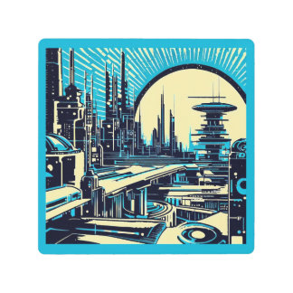 Impresión En Metal SF Futurista City Woodcut 3