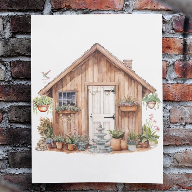 Impresión En Metal Shed de jardín y lugar feliz | Plantas | Fuente (Happy place she shed with plants, cactus, hummingbird and water fountain metal print. )