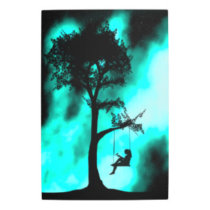 Impresión En Metal Silhouette Tree Swing Chica Galaxy Metalizado Wall
