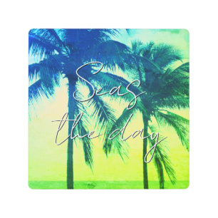 Impresión En Metal Silueta de palmera exótica neón resplandor verde s