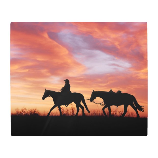 Impresión En Metal Silueta de vaquero y caballo al atardecer (Anverso)