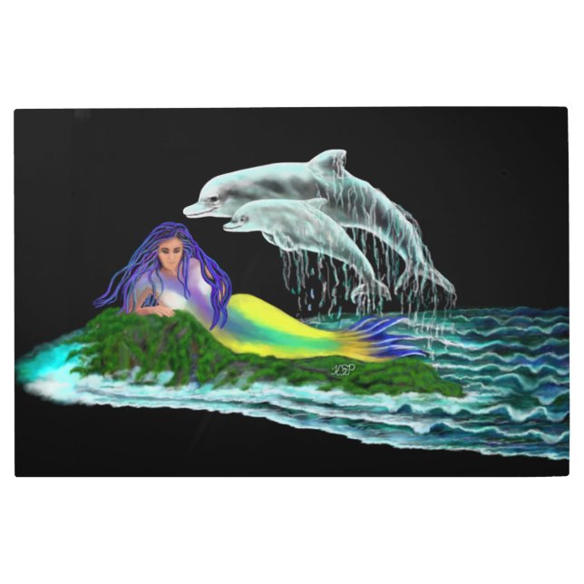 Impresión En Metal Sirena con delfines (Anverso)